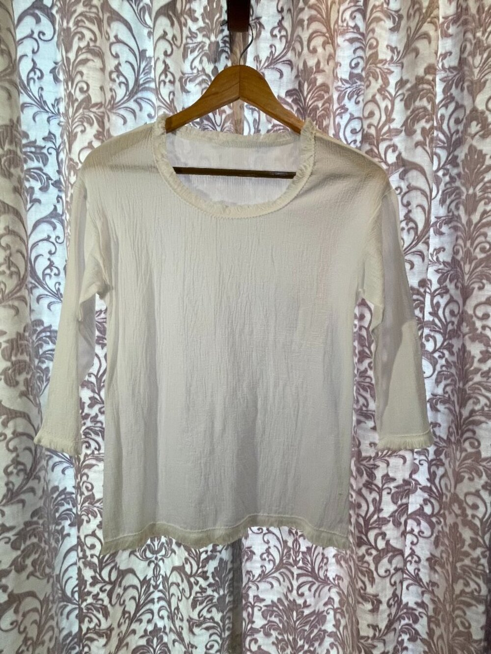Women's Small Sheer White Scoop Neck 3/4 Sleeve Top with Fringe Details
